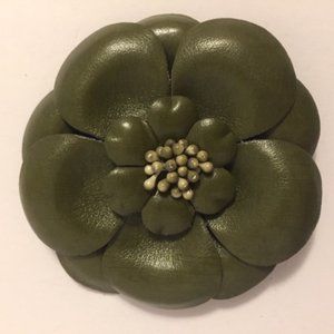 Moss Green Leather-Like Pin Brooch 60's Funky Vibe